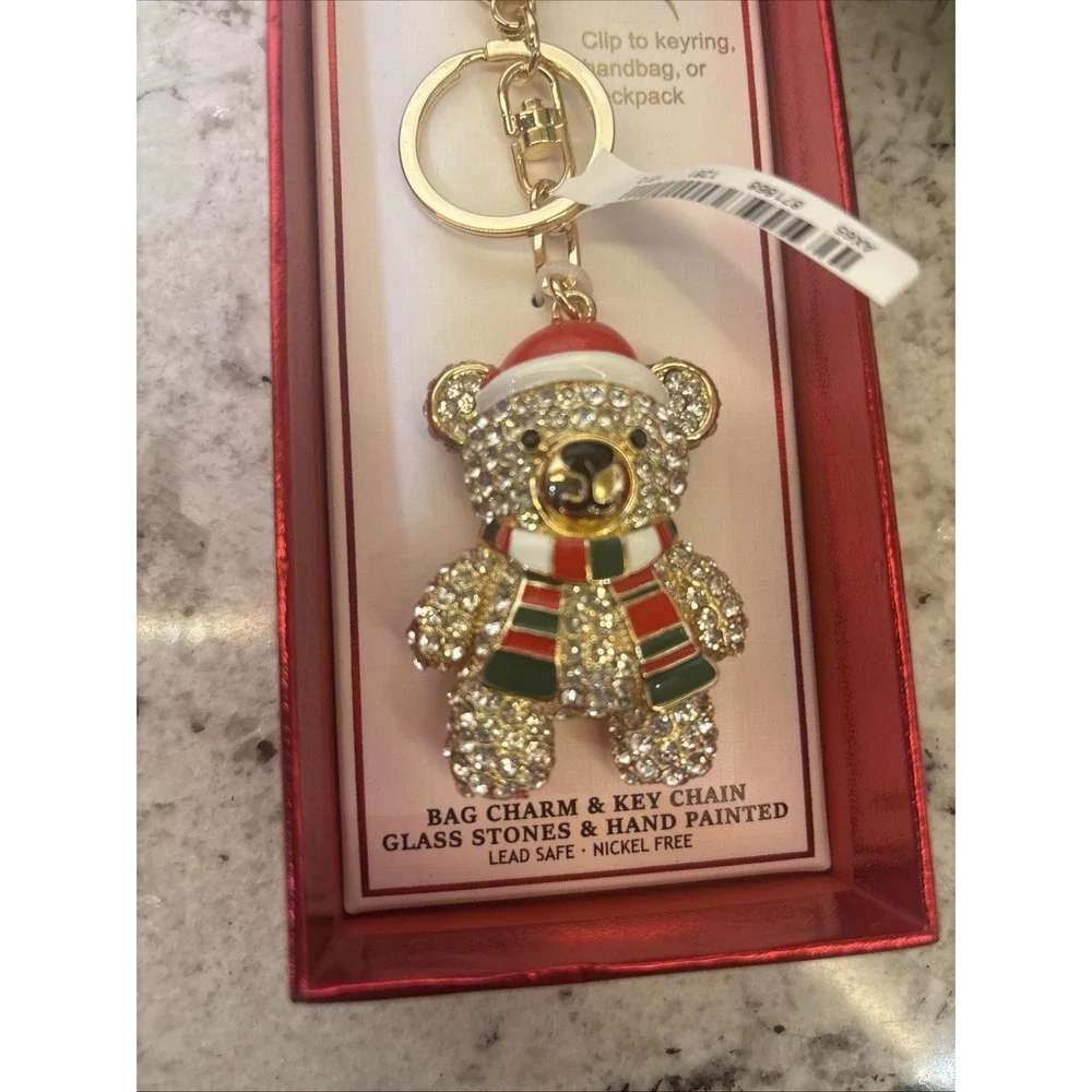 Piper K Bag Charm Keychain Teddy Bear Rhinestone Gold Tone Santa Hat Christmas